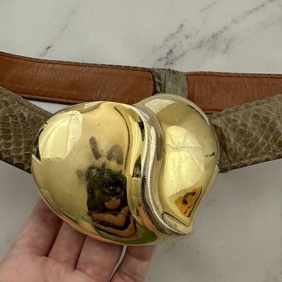 Alexis Kirk Womens Vintage 90s Heart Buckle Belt Size M Tan Faux Snakeskin - Picture 2 of 5